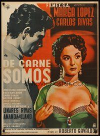 9j083 DE CARNE SOMOS Mexican poster '55 artwork of sexy Marga Lopez pulling her shirt open!