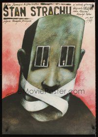 9j663 STAN STRACHU Polish 27x38 '89 wild Andrzej Pagowski art of gagged man with windows for eyes!