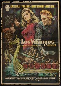 9j064 VIKINGS Spanish '58 MCP art of Kirk Douglas, Tony Curtis & sexy Janet Leigh!