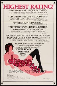 9k217 DIVERSIONS 1sh '76 x-rated, cool sexy art design of title over nude woman!
