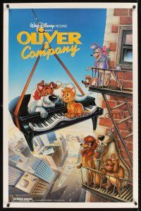 9k528 OLIVER & COMPANY 1sh '88 great image of Walt Disney cats & dogs in New York City!