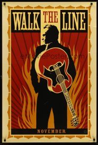9k767 WALK THE LINE style A teaser DS 1sh '05 really cool artwork of Joaquin Phoenix as Johnny Cash!