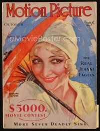 9m136 MOTION PICTURE magazine October 1930 art of Bessie Love with parasol by Marland Stone!