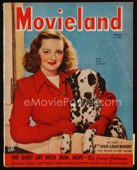 9m154 MOVIELAND magazine February 1945 portrait of Bette Davis & her Dalmatian dog by Tom Kelley!