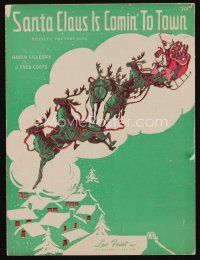 9m432 SANTA CLAUS IS COMIN' TO TOWN sheet music '34 cool Christmas art with sleigh & reindeer!