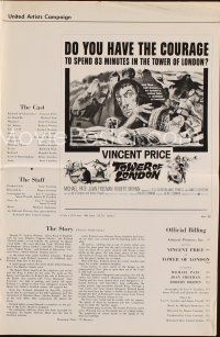 9m329 TOWER OF LONDON pressbook '62 Vincent Price, directed by Roger Corman!