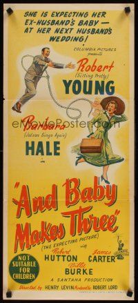 9p451 AND BABY MAKES THREE Aust daybill '49 Robert Young, Barbara Hale, different stone litho!