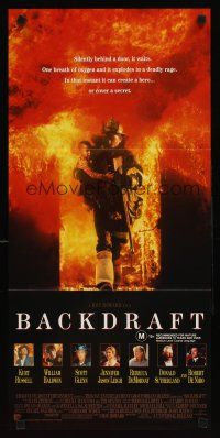 9p469 BACKDRAFT Aust daybill '91 firefighter Kurt Russell rescuing child from fire, Ron Howard!