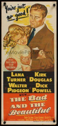 9p470 BAD & THE BEAUTIFUL Aust daybill '53 great art of Kirk Douglas roughing up sexy Lana Turner!