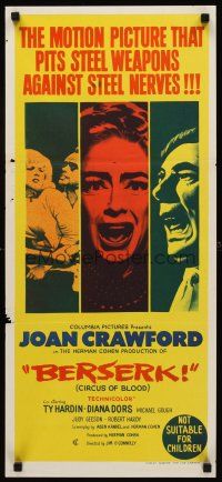 9p488 BERSERK Aust daybill '67 crazy Joan Crawford, sexy Diana Dors, Judy Geeson!