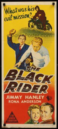 9p496 BLACK RIDER Aust daybill '54 English crime, Jimmy Hanley, what was his evil mission?