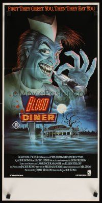 9p499 BLOOD DINER Aust daybill '87 Jackie Kong directed, great Morrison art of cannibal cook!