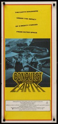 9p569 CONQUEST OF THE EARTH Aust daybill '80 great image of wacky aliens terrorizing Hollywood!