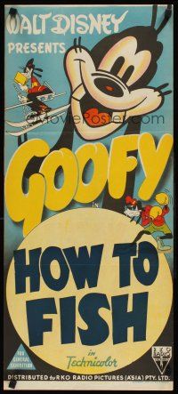 9p660 GOOFY Aust daybill '40s art of Goofy skiing, reading, and boxing, How To Fish!