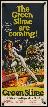 9p666 GREEN SLIME Aust daybill '68 classic cheesy sci-fi, cool art of sexy astronaut & monster!