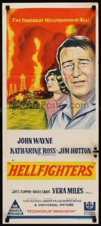 9p679 HELLFIGHTERS Aust daybill '69 art of John Wayne as fireman Red Adair & Katharine Ross!