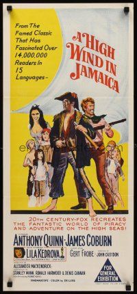 9p684 HIGH WIND IN JAMAICA Aust daybill '65 cool art of pirates Anthony Quinn & James Coburn!