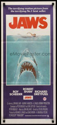 9p722 JAWS Aust daybill '81 art of Spielberg's classic man-eating shark attacking sexy swimmer!