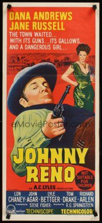 9p726 JOHNNY RENO Aust daybill '66 sexy Jane Russell, Dana Andrews goes wherever there's action!