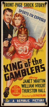 9p737 KING OF THE GAMBLERS Aust daybill '48 Janet Martin, William Wright, cool football artwork!