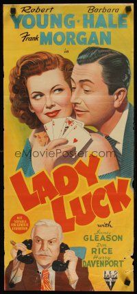 9p745 LADY LUCK Aust daybill '46 great romantic gambling artwork of Robert Young & Barbara Hale!
