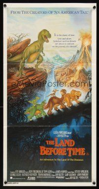 9p747 LAND BEFORE TIME Aust daybill '88 Steven Spielberg, George Lucas, dinosaur cartoon!