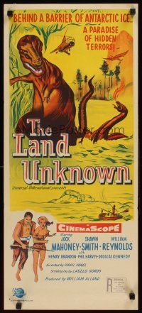 9p748 LAND UNKNOWN Aust daybill '57 a paradise of hidden terrors, great Ken Sawyer dinosaur art!
