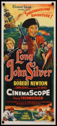 9p770 LONG JOHN SILVER Aust daybill '54 Robert Newton as the most colorful pirate of all time!