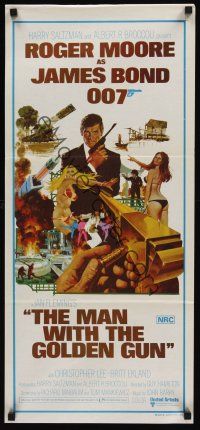 9p780 MAN WITH THE GOLDEN GUN Aust daybill '74 art of Roger Moore as James Bond by Robert McGinnis!