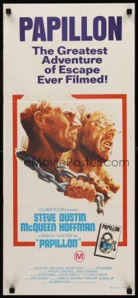 9p818 PAPILLON Aust daybill '73 great art of prisoners Steve McQueen & Dustin Hoffman by Tom Jung!