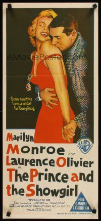 9p827 PRINCE & THE SHOWGIRL Aust daybill '57 Laurence Olivier nuzzles Marilyn Monroe's shoulder!