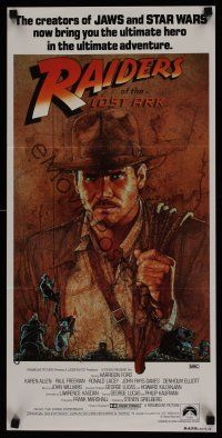 9p833 RAIDERS OF THE LOST ARK Aust daybill '81 great Harrison Ford adventurer art by Richard Amsel!