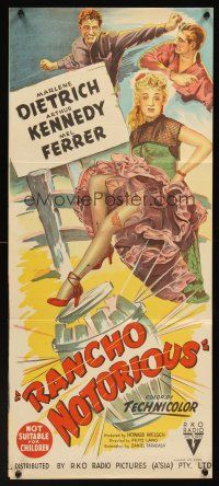 9p836 RANCHO NOTORIOUS Aust daybill '52 Fritz Lang, stone litho of Marlene Dietrich showing leg!