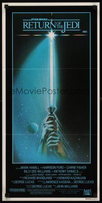 9p839 RETURN OF THE JEDI style A Aust daybill '83 George Lucas, art of hands holding lightsaber!