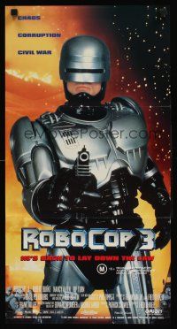 9p847 ROBOCOP 3 Aust daybill '93 great close up of cyborg cop Robert Burke pointing gun!