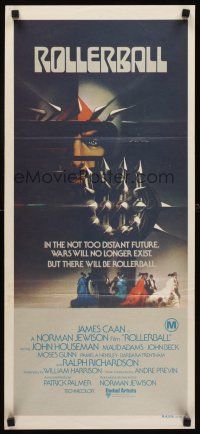 9p849 ROLLERBALL Aust daybill '75 James Caan in a future where war does not exist, Bob Peak art!