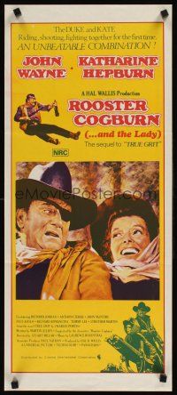9p851 ROOSTER COGBURN Aust daybill '75 great art of John Wayne with eye patch & Katharine Hepburn!