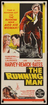 9p852 RUNNING MAN Aust daybill '63 Carol Reed, time is running out for Laurence Harvey & Remick!
