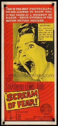 9p859 SCREAM OF FEAR Aust daybill '61 Hammer, wild terrified Susan Strasberg horror image!
