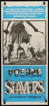 9p869 SLAVERS Aust daybill '78 Ron Ely, Britt Ekland, cool image of native w/whip & chains!