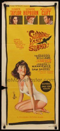 9p899 SUDDENLY, LAST SUMMER Aust daybill '60 stone litho art of sexy Elizabeth Taylor in swimsuit!