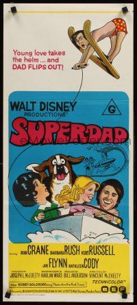 9p900 SUPERDAD Aust daybill '74 Walt Disney, wacky art of surfing Bob Crane & Kurt Russell w/guitar!