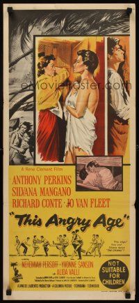 9p922 THIS ANGRY AGE Aust daybill '58 stone litho of Anthony Perkins & near-naked Silvana Mangano!