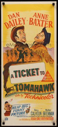 9p929 TICKET TO TOMAHAWK Aust daybill '50 Dan Dailey & Anne Baxter in a heap big funny picture!