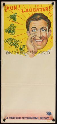 9p953 UNIVERSAL PICTURES Aust daybill '60s cool stone litho art of smiling man, fun & laughter!