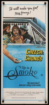 9p955 UP IN SMOKE Aust daybill '78 Cheech & Chong marijuana drug classic, great Scakisbrick art!