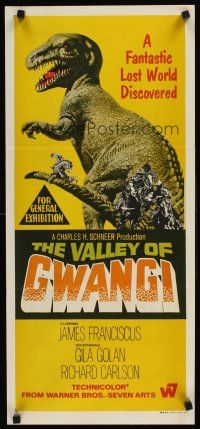 9p958 VALLEY OF GWANGI Aust daybill '69 Ray Harryhausen, cool image of cowboys battling dinosaurs!