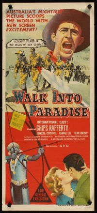 9p967 WALK INTO HELL Aust daybill '57 great art, starring & produced by Australian Chips Rafferty!