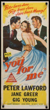 9p992 YOU FOR ME Aust daybill '52 stone litho of Jane Greer between Peter Lawford & Gig Young!