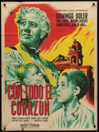 9p034 CON TODO EL CORAZON Mexican poster '51 Mendoza art of priest w/baby by destroyed church!